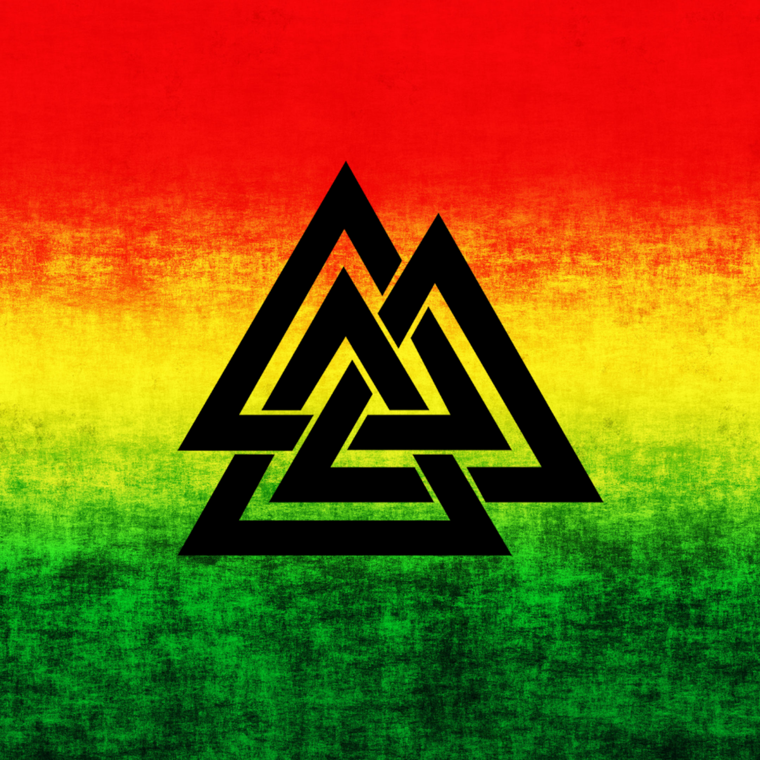 A norse valknut imposed on a rasta background